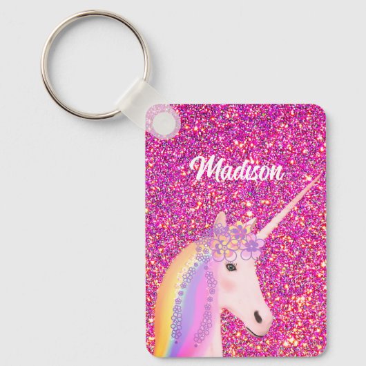 Rainbow Unicorn Pink Glitter Fantasy Personalized Sleutelhanger (Voorkant)