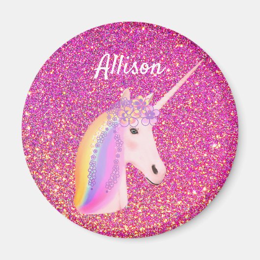 Rainbow Uniçorn Pink Glitter Sparkle Personalized Magneet (Voorkant)