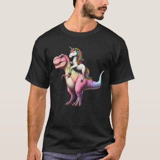 Rainbow Unicorn Riding Dinosaur Girl T-shirt