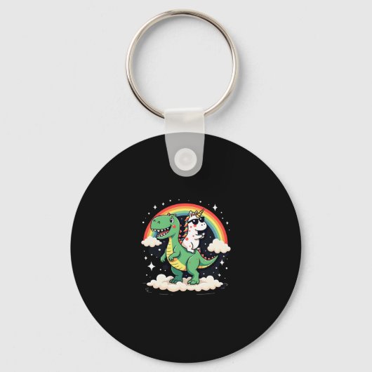 Rainbow Unicorn Riding T rex - Dinosaur Boys Girls Sleutelhanger (Voorkant)