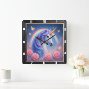 Rainbow Unicorn Roos Butterfly Vierkante Klok