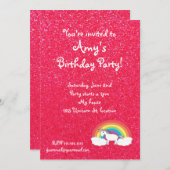Rainbow unicorn roze glitter-uitnodiging kaart (Voorkant / Achterkant)