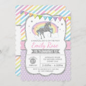 Rainbow Unicorn Silver rose Invitation de fête d'a (Devant / Derrière)