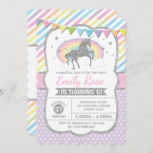 Rainbow Unicorn Silver rose Invitation de fête d'a (Devant / Derrière)