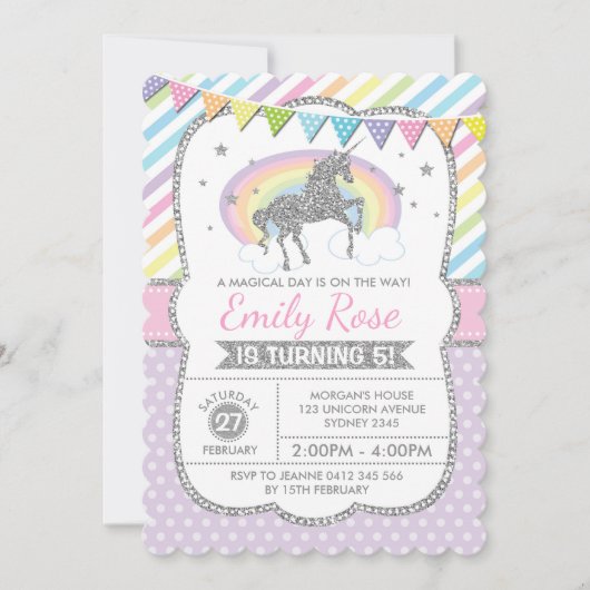 Rainbow Unicorn Silver rose Invitation de fête d'a (Devant)