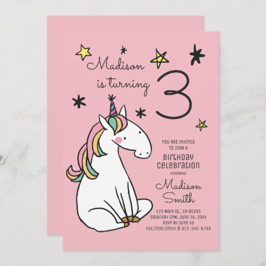 Rainbow Unicorn Stars Anniversaire Invitation (Devant / Derrière)
