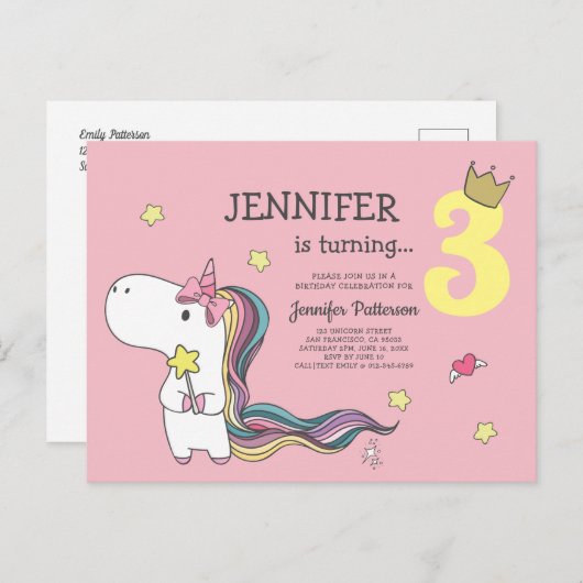 Rainbow Unicorn Stars Birthday Uitnodiging (Voorkant / Achterkant)