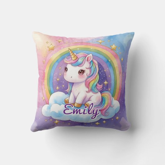 Rainbow Unicorn sur Cloud Editable Name Coussin (Verso)