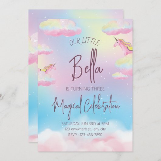 Rainbow Unicorn troisième invitation de fête d'ann (Devant / Derrière)