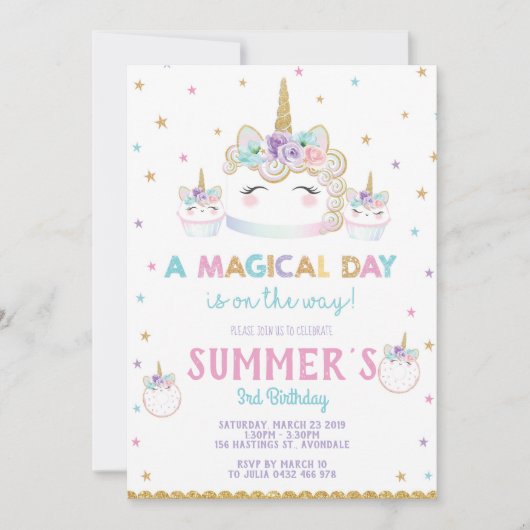 Rainbow Unicorn Verjaardag Cake Uitnodiging Cupcak (Voorkant)