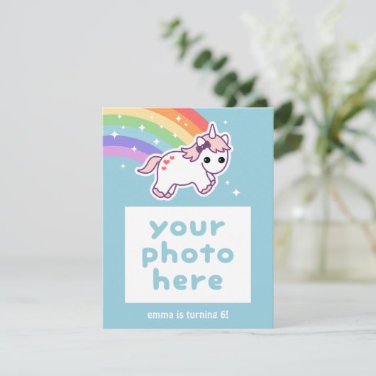 Rainbow Unicorn Verjaardagsfeest Fotouitnodigingen Kaart (Staand voorkant)