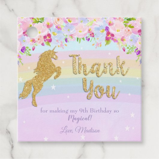Rainbow Unicorn Verjaardagsfeestje Paarse Dank u Bedankjes Labels (Voorkant)