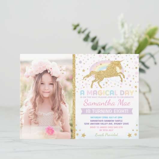 Rainbow Unicorn Verjaardagsuitnodiging Confetti St Kaart (Staand voorkant)