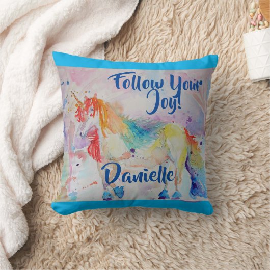 Rainbow Unicorn Waterverf Childs Name Cushion Kussen (Deken)