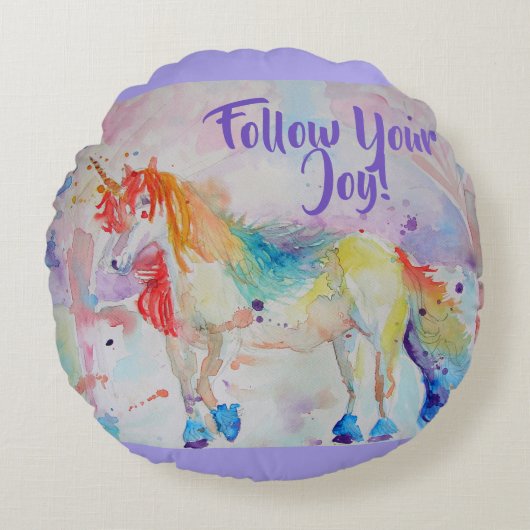 Rainbow Unicorn Waterverf Cushion Rond Kussen (Voorkant)