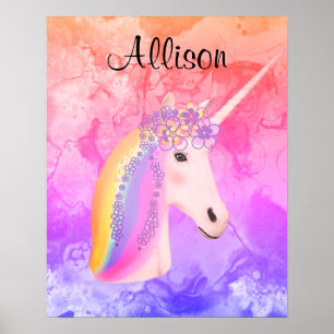 Rainbow Unicorn Waterverf Girls gepersonaliseerd Poster
