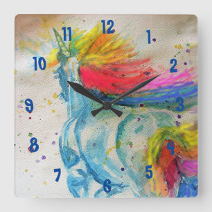 Rainbow Unicorn Waterverf Girls Nursery Clock Vierkante Klok