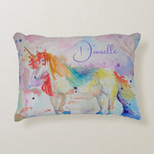 Rainbow Unicorn Waterverf Meisjes Naam Kussen
