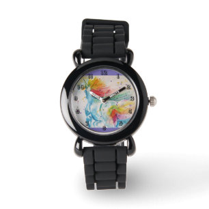 Rainbow Unicorn Waterverf Paarse Girls Horloge