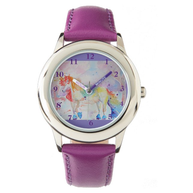 Rainbow Unicorn Waterverf Paarse Girls Horloge (Voorkant)