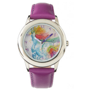 Rainbow Unicorn Waterverf Paarse meisjes Horloge