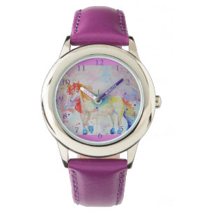 Rainbow Unicorn Waterverf Paarse meisjes Horloge