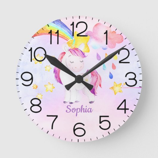 Rainbow Unicorn Waterverf Personalized Cute Ronde Klok (Voorkant)