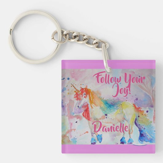 Rainbow Unicorn Waterverf Roze Key Ring Sleutelhanger (voorkant)