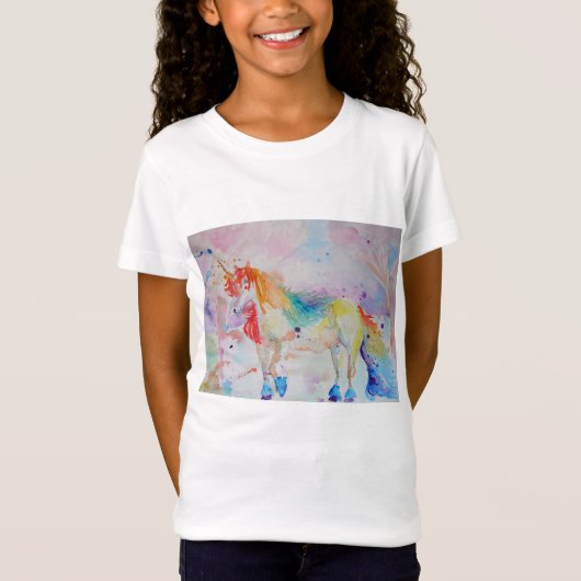 Rainbow Unicorn Whimsical Waterverf Girls T Shirt (Voorkant)