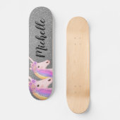Rainbow Unicorns Girly Silver Glitter Persoonlijk Skateboard (Voorkant)