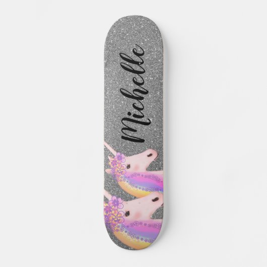 Rainbow Unicorns Girly Silver Glitter Persoonlijk Skateboard (Voorkant)