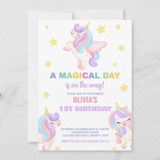 Rainbow Unicorns Invitations d'anniversaire (Devant)