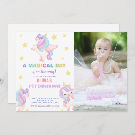 Rainbow Unicorns Invitations d'anniversaire avec p (Devant / Derrière)