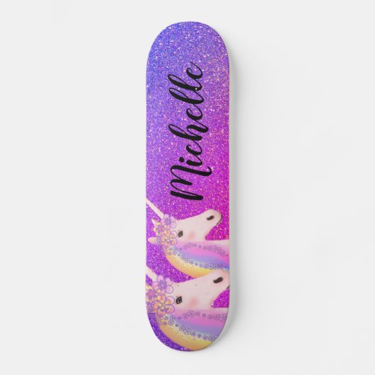 Rainbow Unicorns Paarse roze Glitter Personalizeer Skateboard (Voorkant)