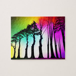 Rainbow Vibrant Sky Over Zwart Silhouet Bomen Legpuzzel