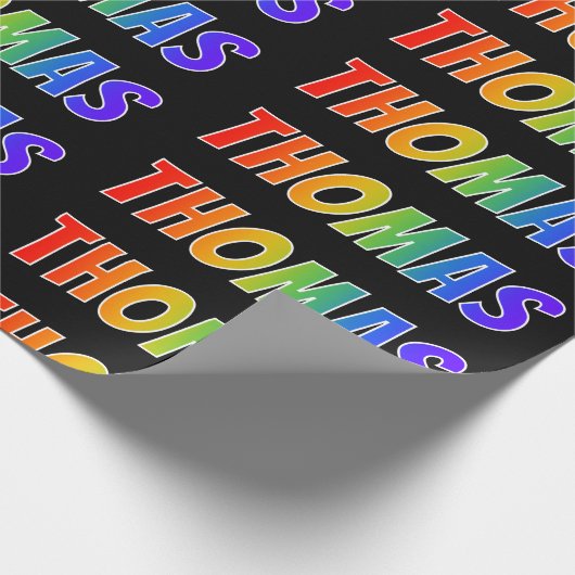 Rainbow Voornaam "THOMAS"; vun en kleurrijk Cadeaupapier (Hoek)