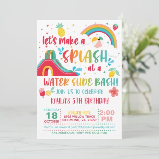 Rainbow Water Slide Anniversaire Invitation (Debout devant)