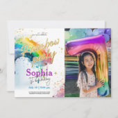 Rainbow Watercolor Gold Photo Invitation d'anniver (Devant)