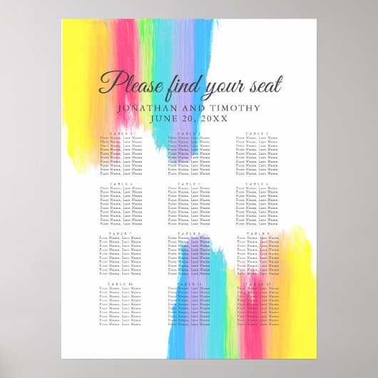 Rainbow Waterverf Elegant Wedding Seding Chart Poster (Voorkant)