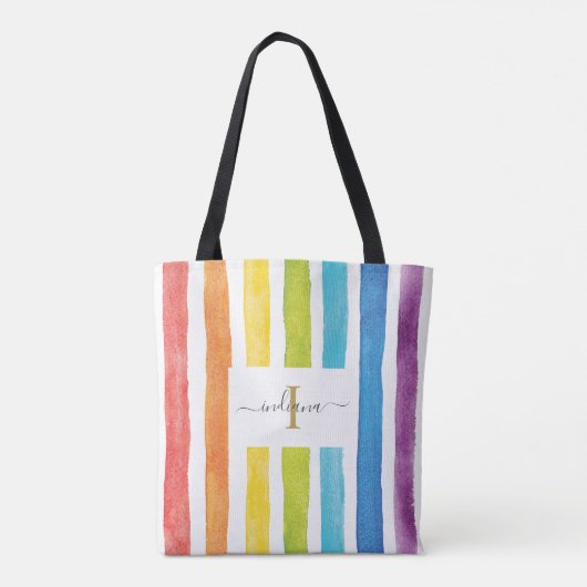 Rainbow Waterverf Monogram Naam Initiaal Aangepast Draagtas (Achterkant)
