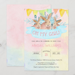Rainbow Waterverf Rabbits Girl Baby shower Kaart