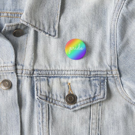 Rainbow & White Script PRIDE Pin-on Button (In situ)