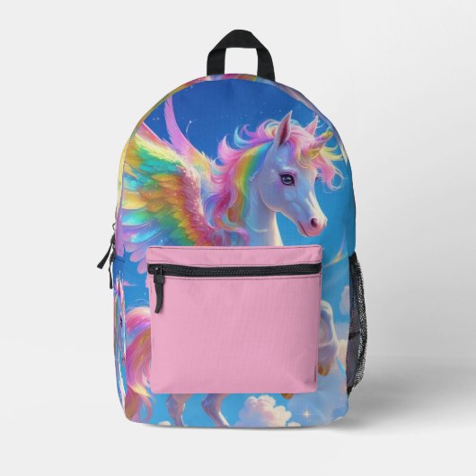 Rainbow Winged Prancing Unicorn Bedrukte Rugzak (Voorkant)