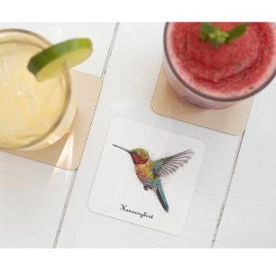 Rainbow Wings: Vibrant Hummingbird Art, op maat Glazen Onderzetter