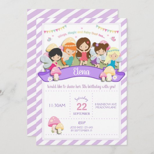 Rainbow Woodland Fairy Birthday Invitation Girl (Devant / Derrière)