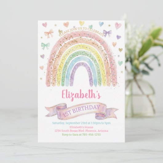Rainbows and Hearts First Birthday Invite Pastel Kaart (Staand voorkant)