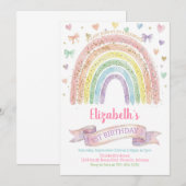 Rainbows and Hearts First Birthday Invite Pastel Kaart (Voorkant / Achterkant)
