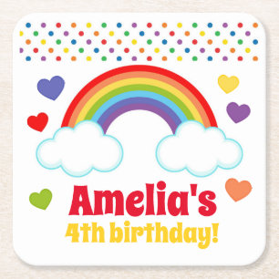 Rainbows Harten en Stippen Meisjes Verjaardag Vierkante Kartonnen Onderzetter