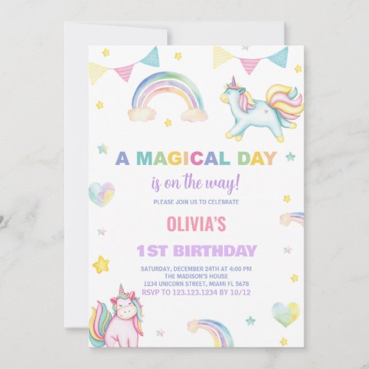 Rainbows Unicorn Invitations d'anniversaire (Devant)