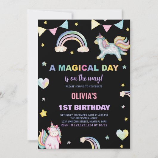 Rainbows Unicorn Invitations d'anniversaire (Devant)